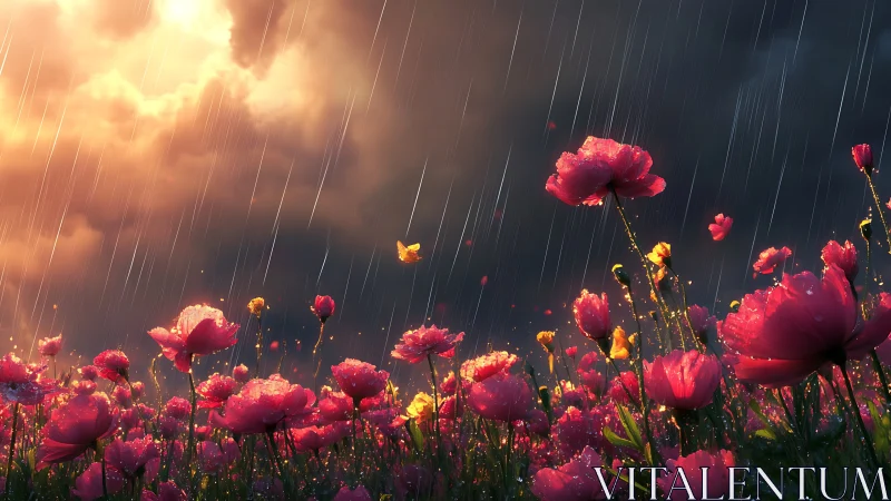 Stormlit poppy garden glows beneath a rain of molten gold.