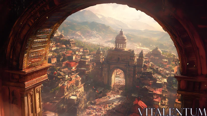 Digital painting of sunlit domed city framed by ornate arch.