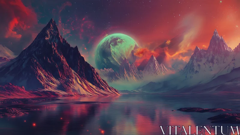 Neon aurora peaks guarding a turquoise alien moonrise.