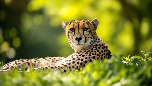 Cheetah resting in sunlit grass with vivid green bokeh background.