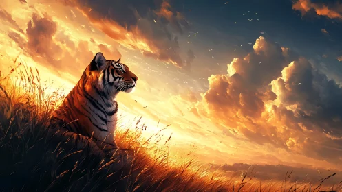 Majestic tiger watching blazing sunset over wild grassland.