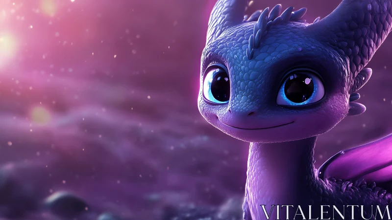 Purple baby dragon with large eyes in glowing light.