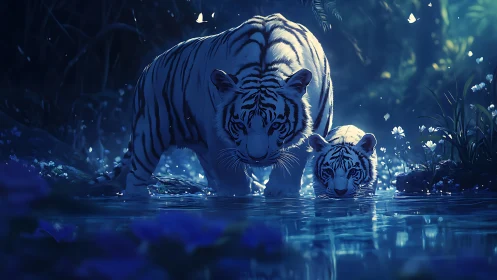 White tigers wade through luminous moonlit jungle pool.