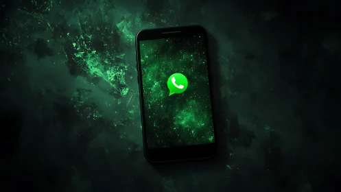 WhatsApp logo glowing on dark cosmic smartphone screen.