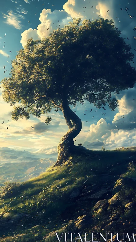 Sunlit hilltop tree bending gracefully into a dreamy sky.