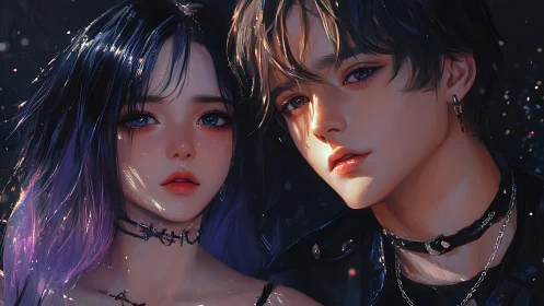 Gothic couple stands under rain with luminous city sparks