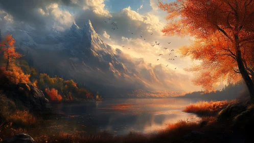 Autumn lake reflects snow peaks under stormlit golden sky.