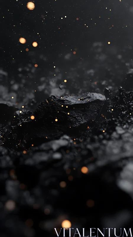 Incandescent embers drift above wet coal in cinematic macro focus