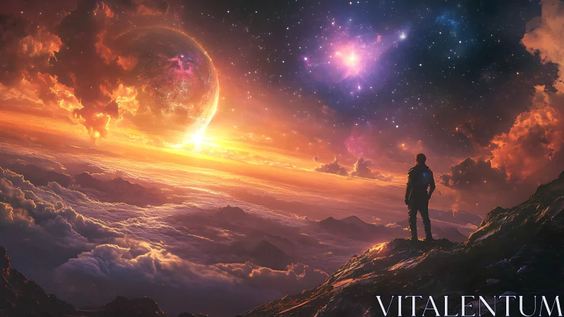 Lone explorer watches glowing alien planet at sunrise.