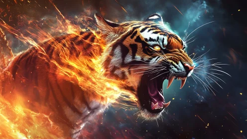 Fiery roaring tiger profile amid combusting plasma vortex