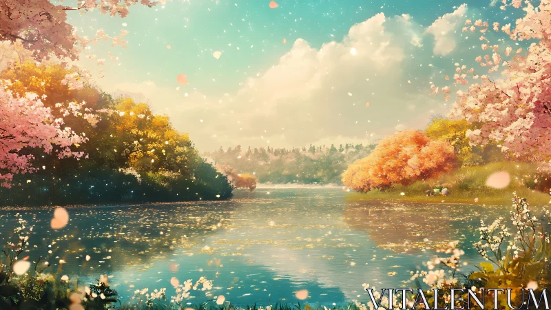 River landscape with flowering trees under daylight sky.