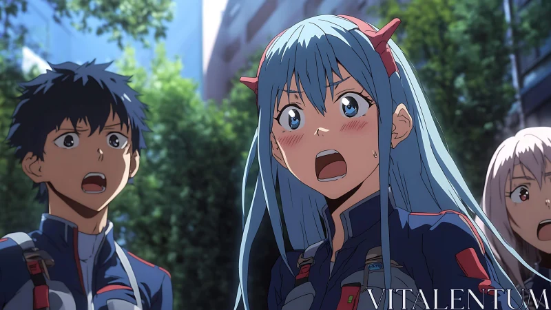 Shocked anime cadets react to unseen threat in city courtyard