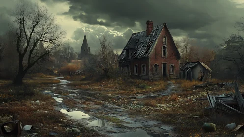 Abandoned brick house stands under brooding storm clouds.