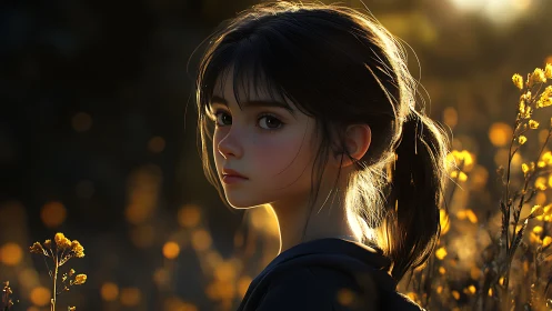 Digital portrait depicts young girl in backlit outdoor field