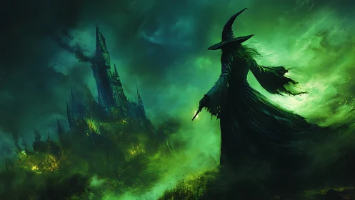 Witch silhouette overlooking cursed citadel in toxic green storm