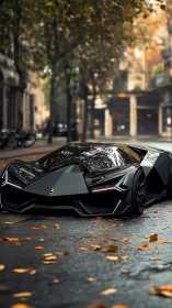 Black concept supercar on wet city street in autumn weather.