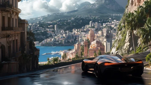 Futuristic supercar on coastal city hillside road at dusk