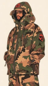 Hooded figure wears camouflage parka with matching cap