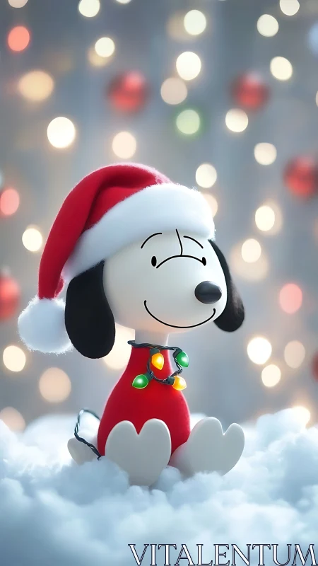 Snowy pup in Santa hat basking in dreamy holiday glow.