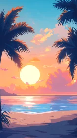 Vibrant tropical sunset over calm palm-framed shoreline.