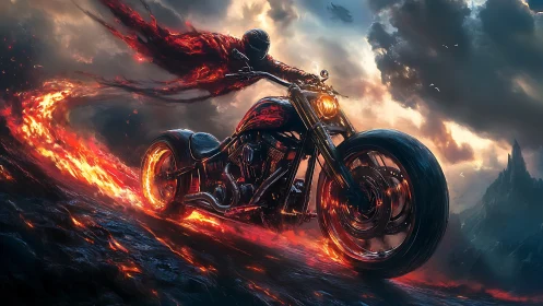 Helltrail rider blazing through molten twilight stormscapes.