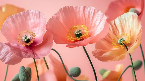 Delicate poppies bloom against soft pink backdrop.