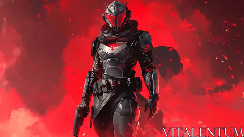Armored sci fi hunter strides through burning crimson haze.