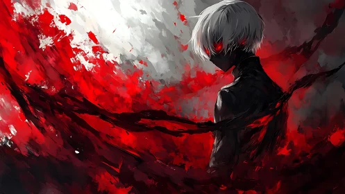 White haired figure radiates crimson energy in dark void