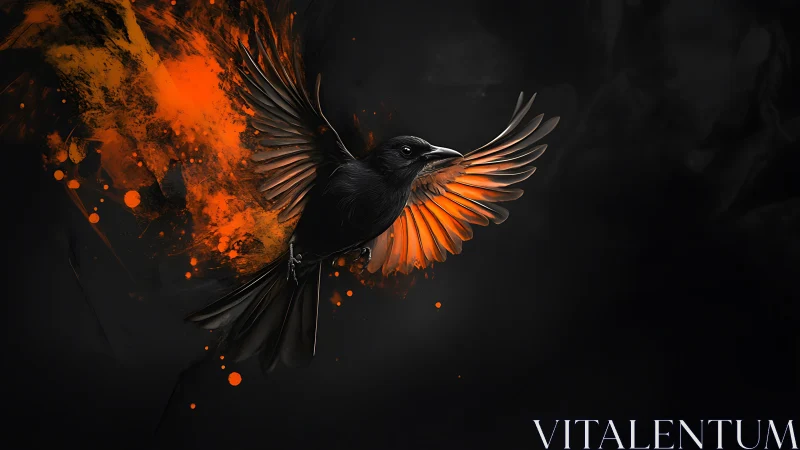 Black bird erupts from orange paint burst on dark field