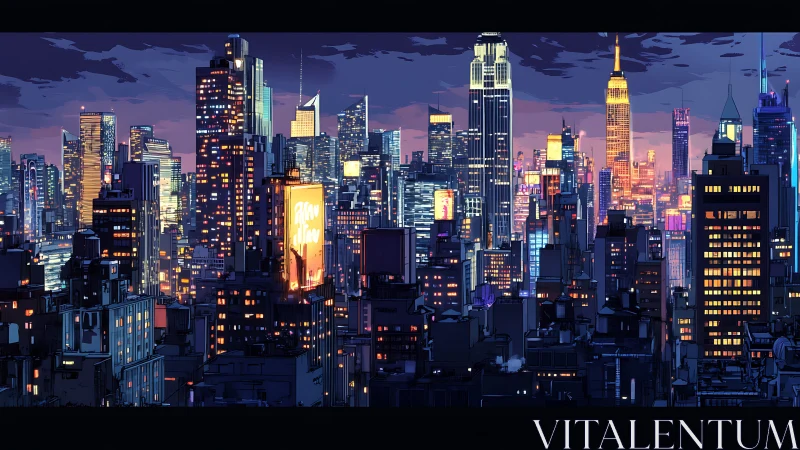 Neon-soaked futuristic skyline glows against a violet dusk
