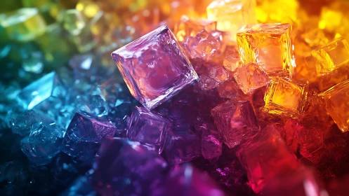 Prismatic crystal cubes swirling through a soft rainbow glow.