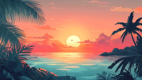 Sun sets over stylized tropical coastline with palm silhouettes