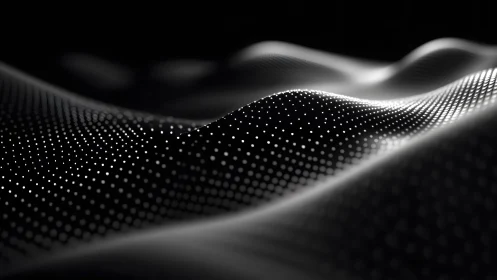 Abstract black and white digital landscape with glowing dots.