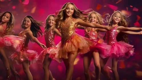Young dancers in sparkling pink and orange stage costumes.