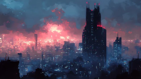 Neon storm over midnight megatower in fogbound sprawl.