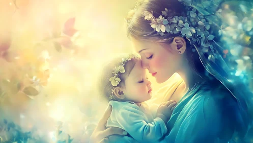 Woman holding child with floral adornments in soft golden light