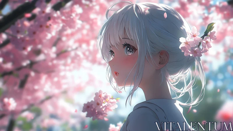 Silver haired girl under luminous pink cherry blossoms.