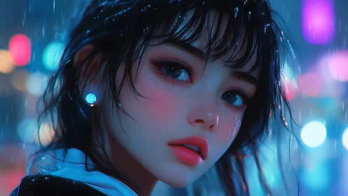 Cinematic neon portrait of a rain‑soaked girl in soft focus