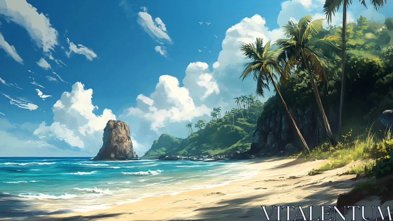Tropical Beach with Rock Formation and Palm Trees.