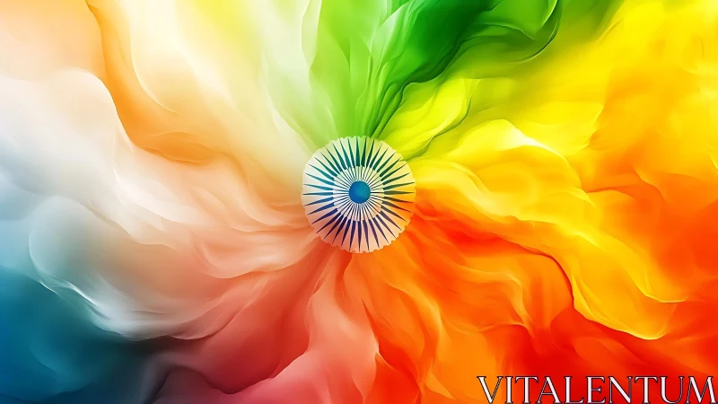 Tricolor vortex radiates around stylized central wheel emblem.