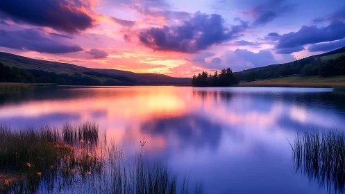 Vibrant sunset reflections over tranquil mountain lake.