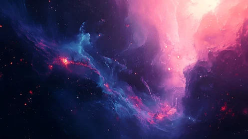 Radiant pink and blue nebula swirls through dark cosmic void
