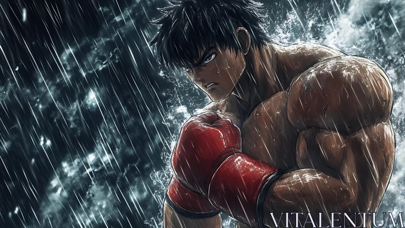 Anime Boxer in Rain with Red Gloves and Determined Expression.