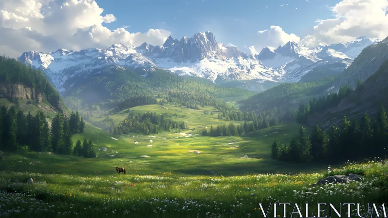 Sunlit alpine valley unfolds before towering glaciated peaks