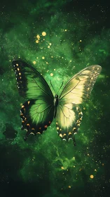 Green butterfly illustration on abstract speckled background.