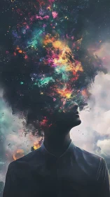 Silhouetted figure merges into vertical multicolored nebula