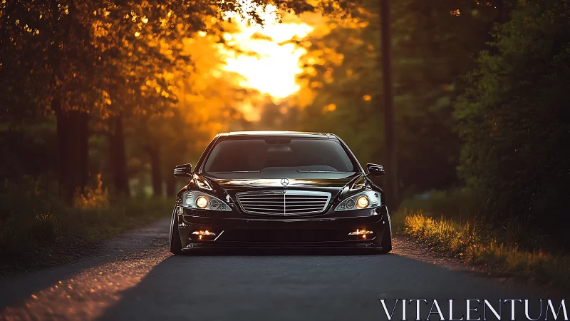 Sunlit country lane welcomes a sleek black luxury sedan.