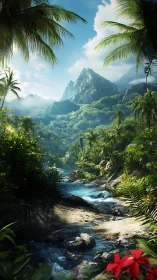 Digital painting jungle valley with crystalline stream focus.