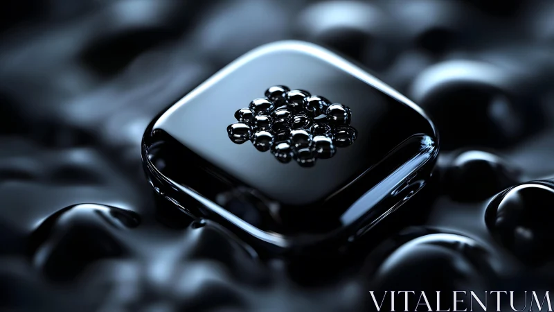 Glossy metallic cube holds clustered reflective droplets