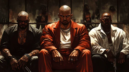 Three hardened enforcers sit united in tense, shadowed power
